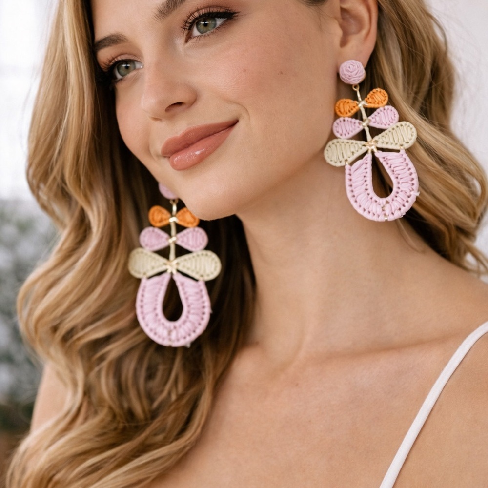 Salt & Pepper Raffia Floral Statement Earrings Pink Green Boho Drop NEW